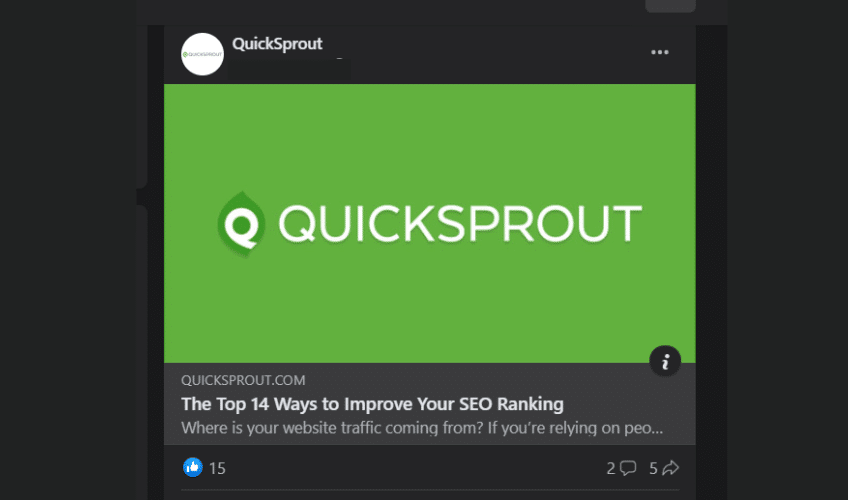 Screenshot of Quick Sprout Faceboook post with clickable link CTA.