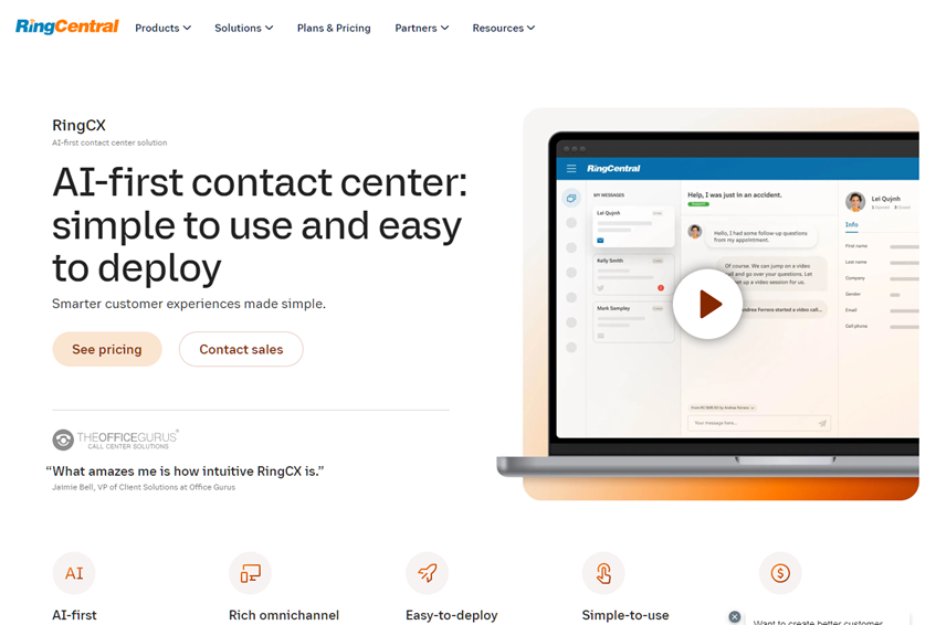 RingCentral's AI-first contact center is simple to use and easy to deploy