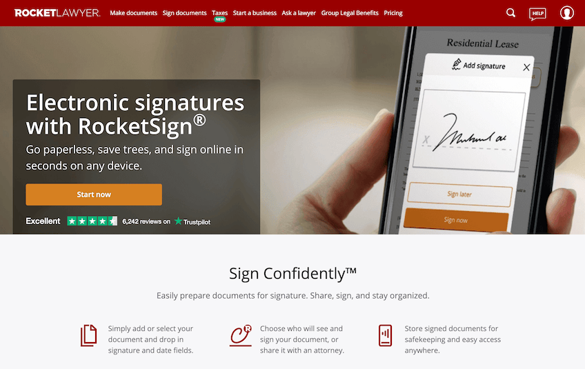 RocketSign page with an electronic signature shown on a mobile app