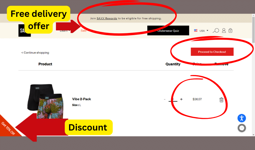 Screenshot of Saxx cart section of their website highlighting on-page free delivery and discount offers. 