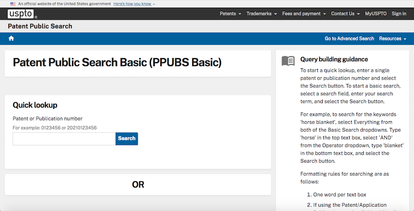 United State Patent and Trademark Office USPTO search engine page.