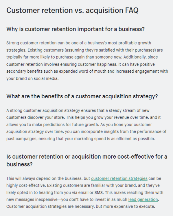 Screenshot of customer retention vs acquisition FAQs. Source Shopify.