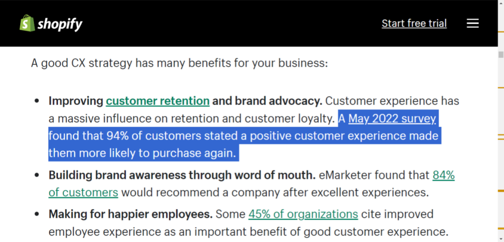 Screenshot of Shopify's suggested customer experience (CX) strategy. 