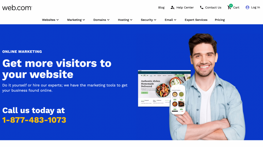 Web.com's online marketing landing page with a man in a blue shirt smiling with his arms crossed