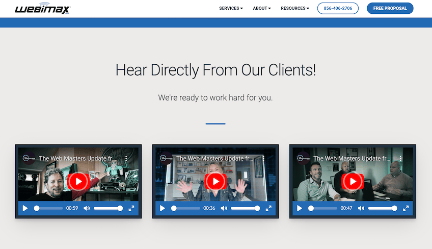 WebiMax customer testimonials with three different videos at the bottom of their homepage