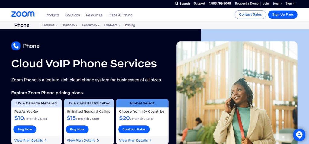 Zoom cloud VOIP phone services landing page. 