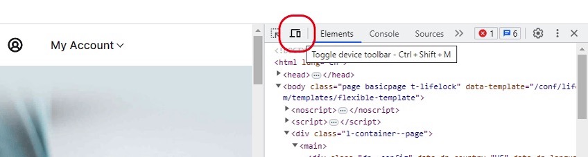 Red circle around Toggle Device Toolbar selection. 