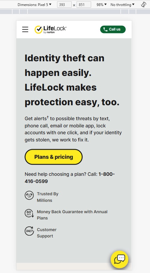 LifeLock mobile view with dimensions toolbar. 