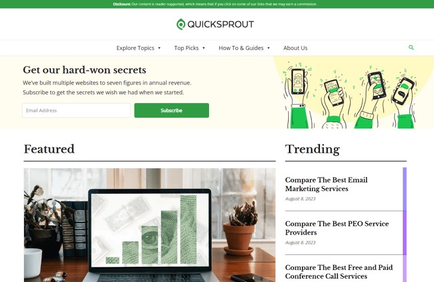 Quick Sprout home page screenshot. 