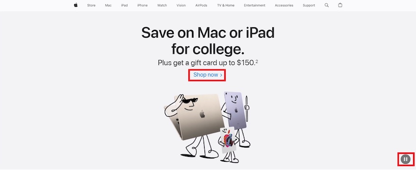 Apple home page with red box around shop now text. 