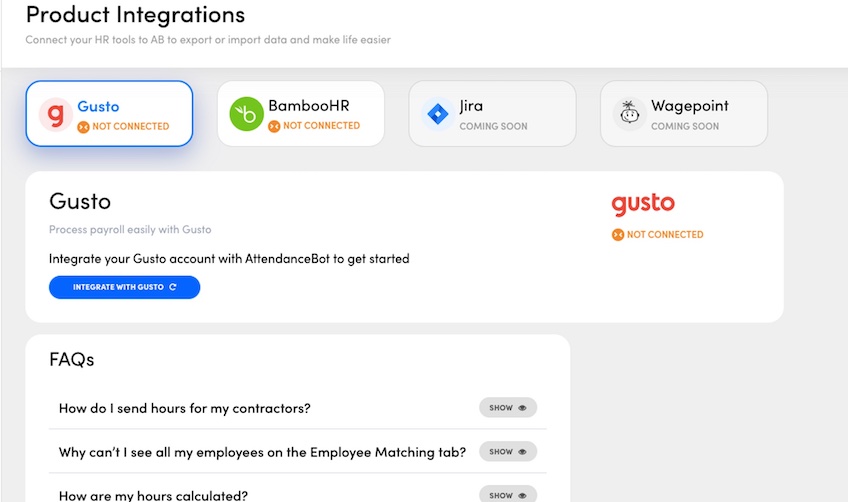Product integrations with brands such as Gusto, BambooHR, Jira, and Wagepoint listed. 