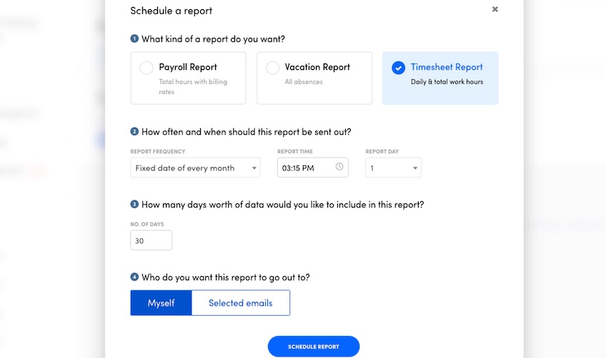 Schedule a report menu with 4 steps to go through. 