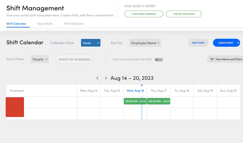 Shift management page with a shift calendar. 