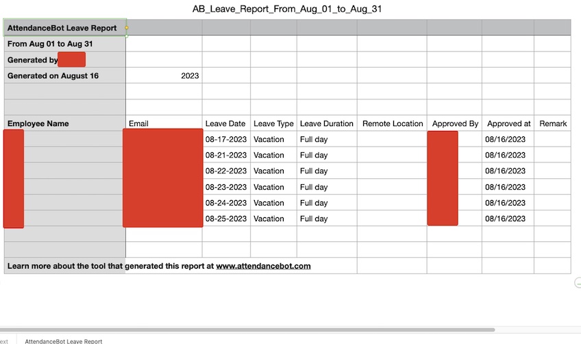 AttendanceBot Leave Report. 