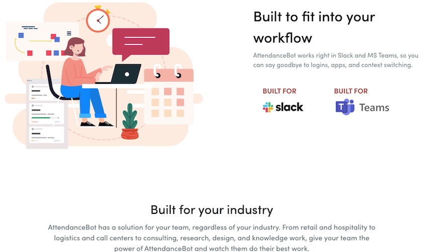 AttendanceBot page with information about how it is built to fit into your workflow. 