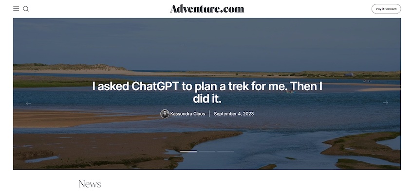 Adventure.com homepage.