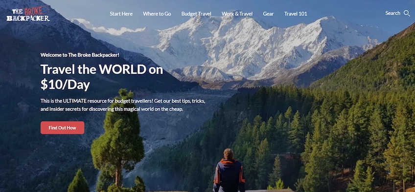 The Broke Backpacker welcome page.