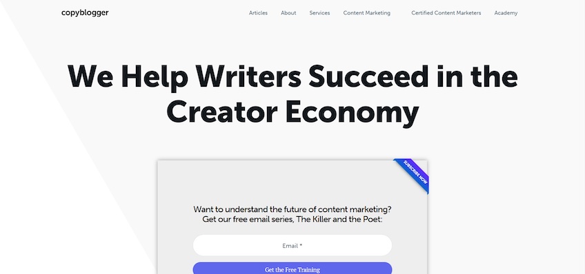 Copyblogger site screenshot of page to signup with email.