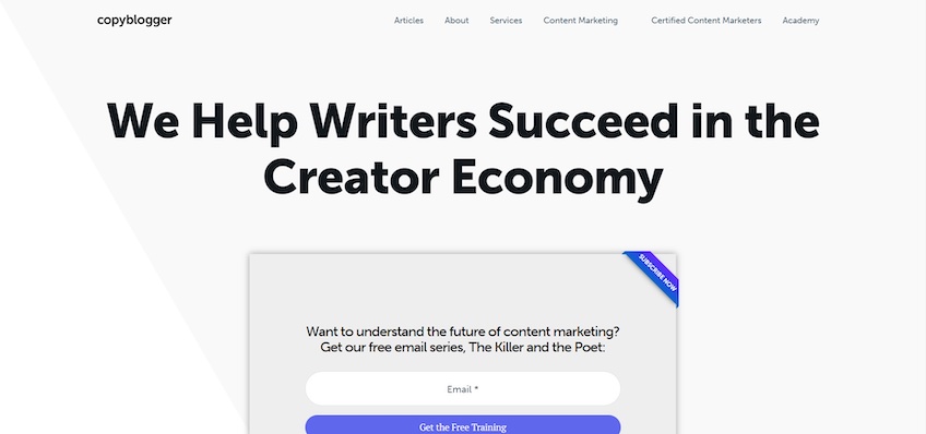 Copyblogger site screenshot of page to signup with email. 