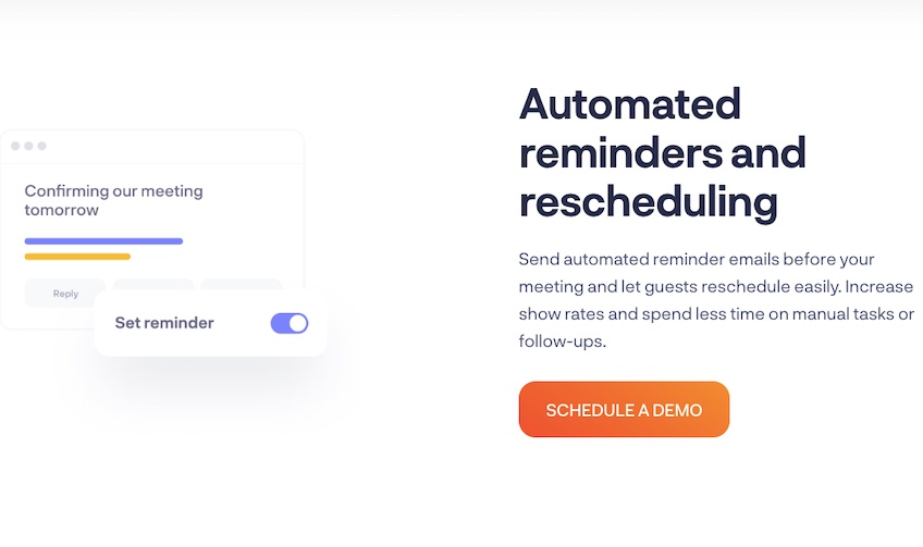 Automated reminders and rescheduling page with an orange button to schedule a demo. 
