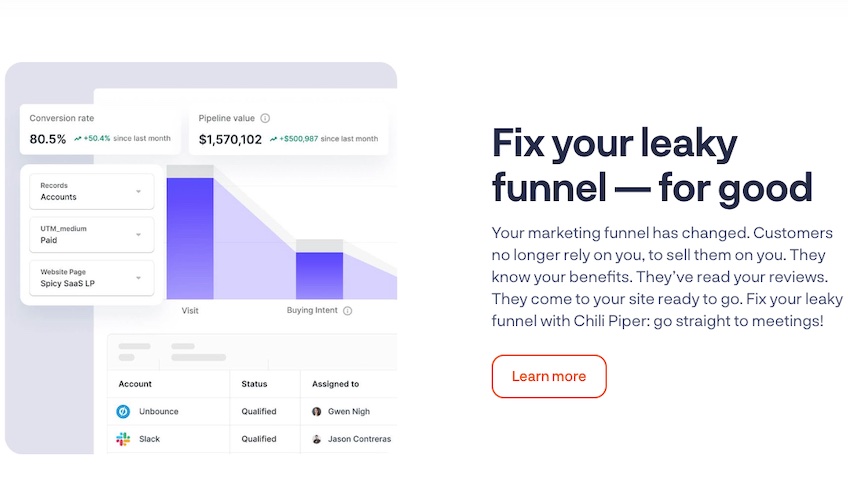 Landing page for Chili Piper with a learn more button to fix your leaky funnel. 