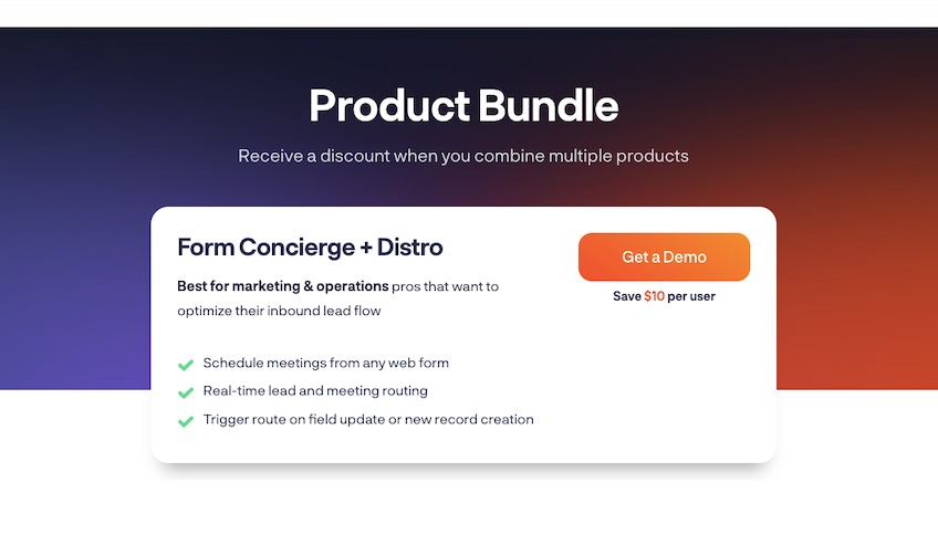 Product bundle page for Form Concierge + Distro with orange "Get a Demo" button. 
