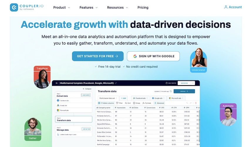 Accelerate growth with data-driven decisions landing page with blue button to get started for free. 