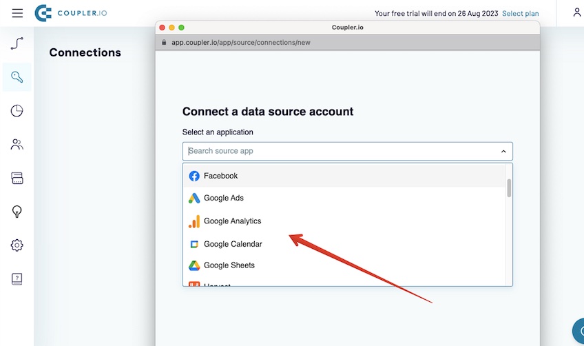 Connections page to connect a data source account. 