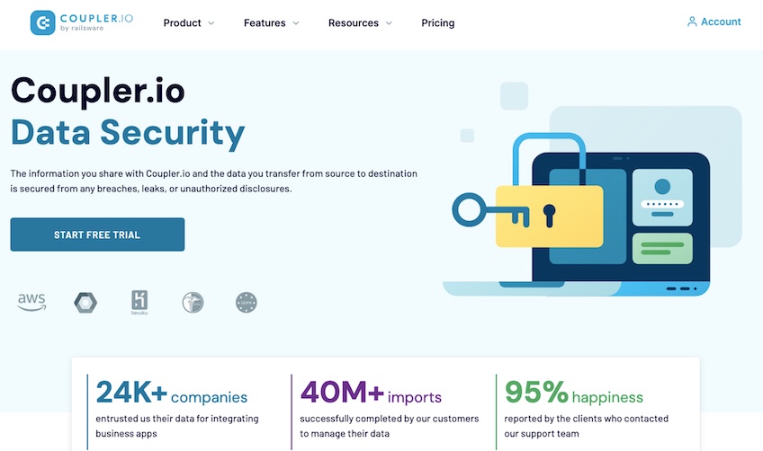 Coupler.io data security landing page with start free trial button. 