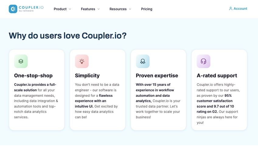 List of features for why users love Coupler.io. 
