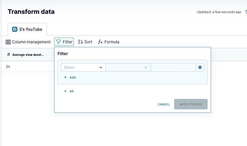 Transform data screen with filter option selected. 