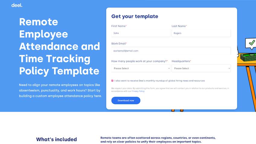 Deel landing page form to download a free remote employee attendance time tracking policy template. 