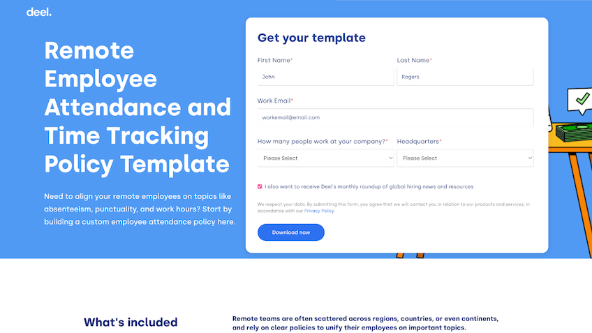 Screenshot of a page to request a Deel template form. 