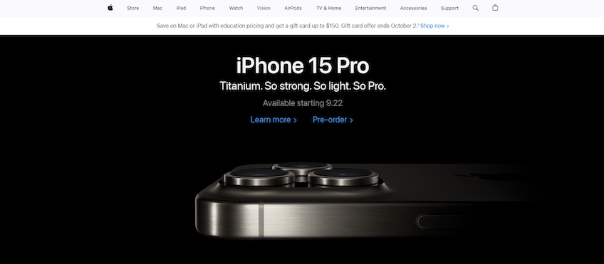 Apple homepage with display of iPhone 15 Pro. 