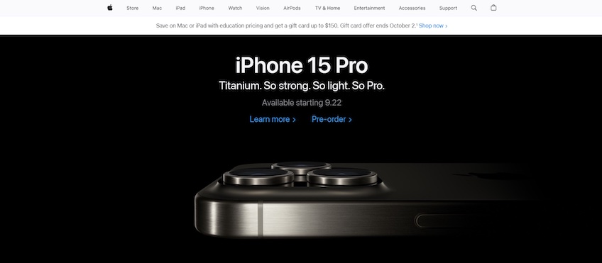 Apple homepage with display of iPhone 15 Pro.