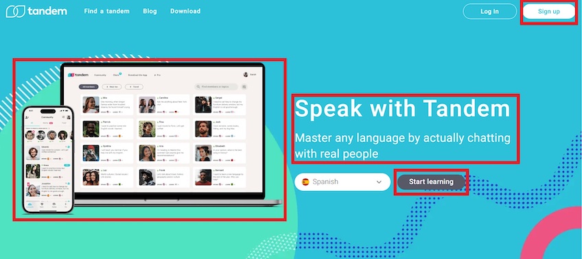 Speak with Tandem landing page with red boxes highlighting various sections of the page. 