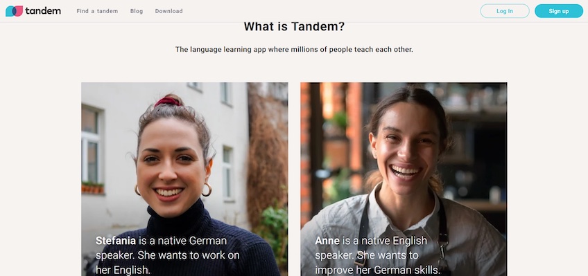 What is Tandem landing page with pictures of two people and why they want to use Tandem. 