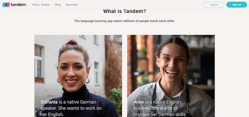 What is Tandem landing page with pictures of two people and why they want to use Tandem.
