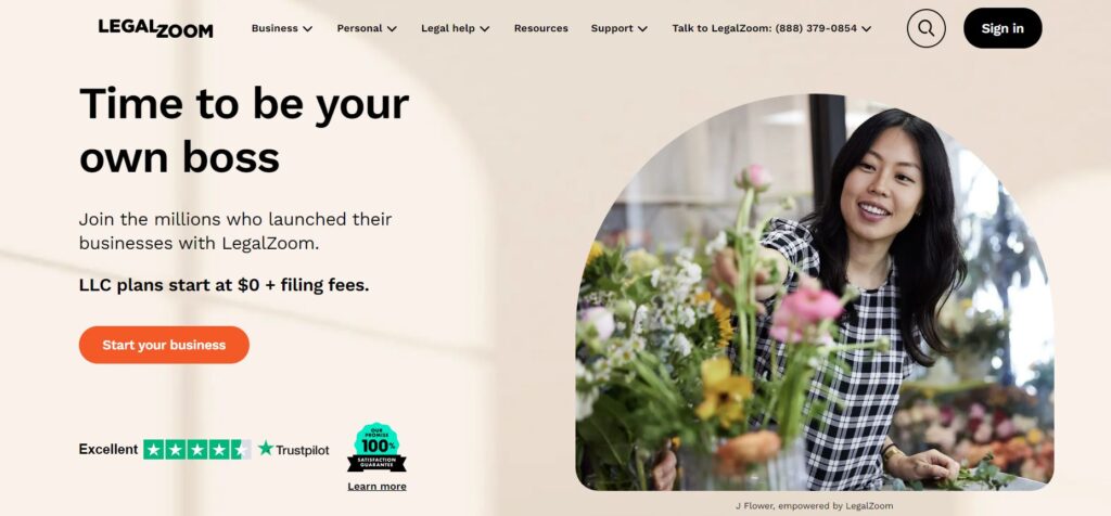 LegalZoom corporation services homepage.