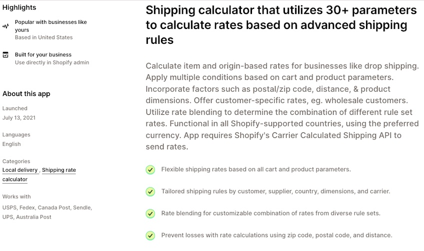 Screenshot of page with information on shipping. 