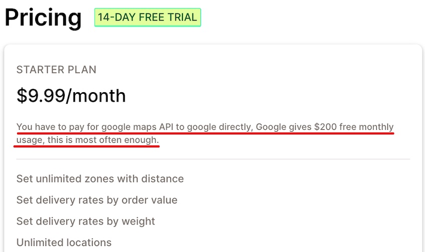 Screenshot of one plan from LogBase with a red underline for a statement about extra cost for google maps API. 