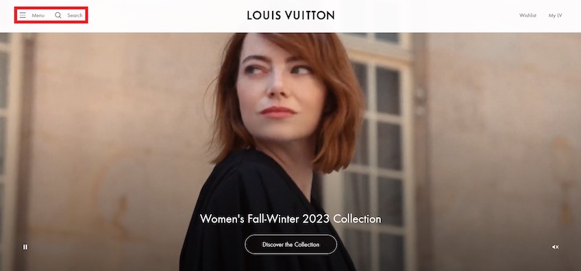 Louis Vuitton home page with red box around the menu and search options. 