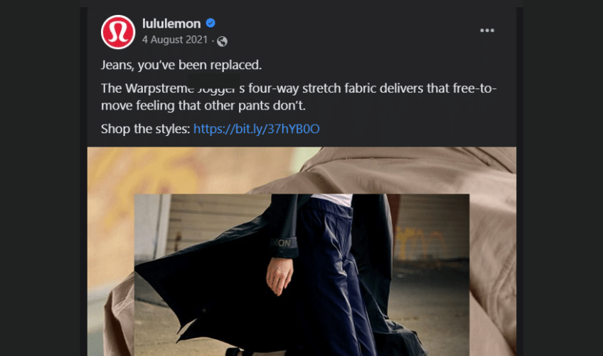 Screenshot of lulu lemon Facebook post with a more direct CTA. 
