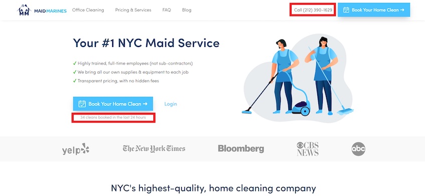 Maid Marines homepage with red boxes around phone number and how many cleans have been booked. 