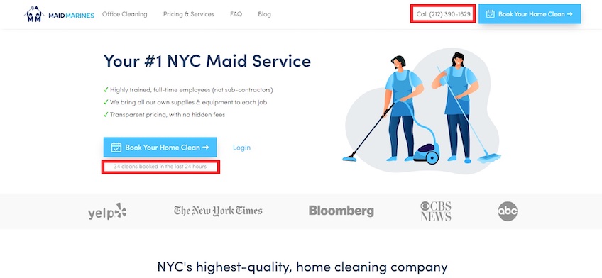 Maid Marines homepage with red boxes around phone number and how many cleans have been booked.