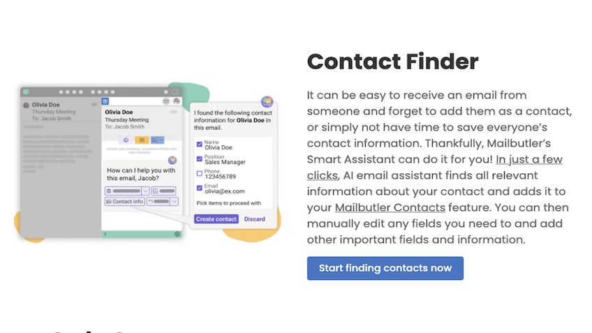 Contact finder landing page with blue button to start finding contacts now. 