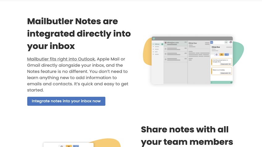 Mailbutler Notes landing page with blue button to integrate notes into your inbox now. 