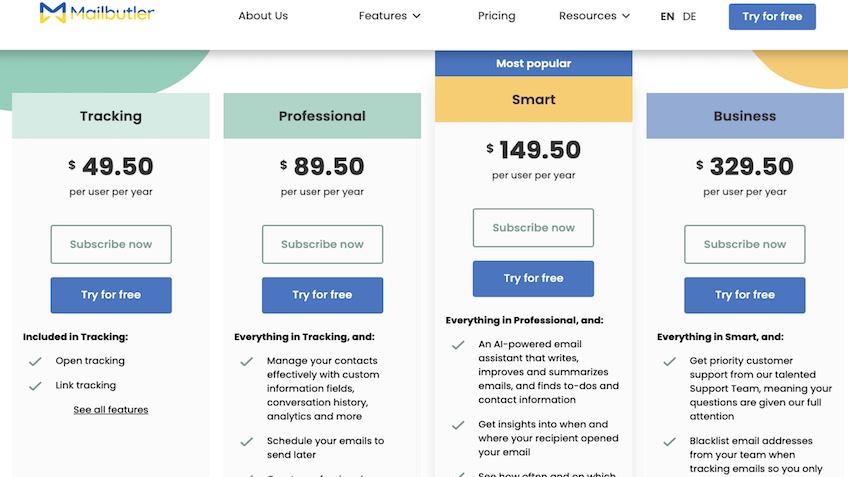 Four plans with prices shown for each.