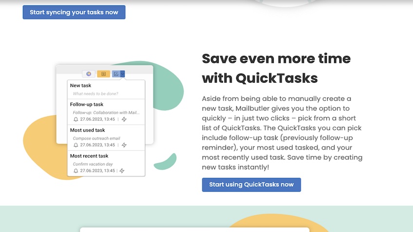 Mailbutler QuickTasks landing page with blue button to click to get started.