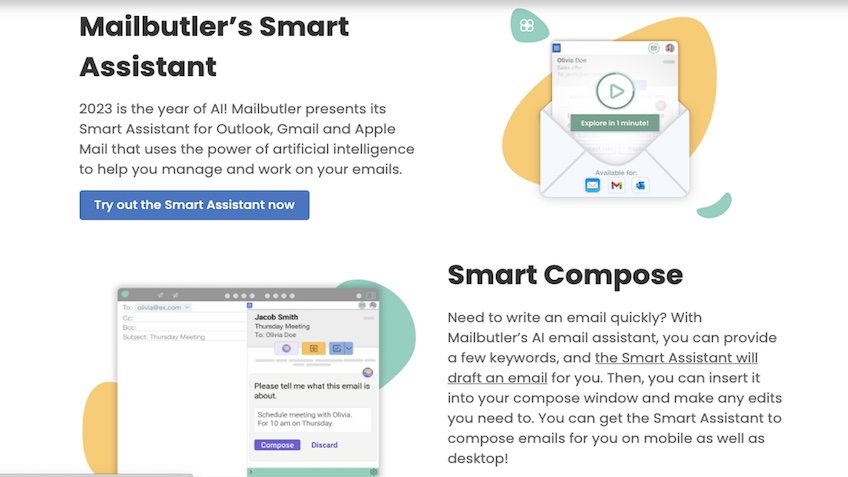 Smart Assistant from Mailbutler landing page. 